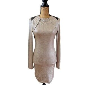 Cut25 Yigal Azrouël Gold Metallic Textured Dress Lambskin Trim Long Sleeve S